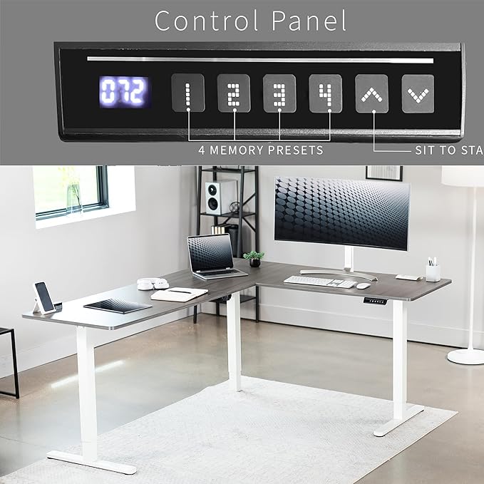 VIVO Corner Standing Desk, 75 x 63 inch Reversible L-Shaped Workstation, Electric Height Adjustment, Home, Office, and Reception Rooms, Dark Gray Table Top White Frame, DESK-E3CTWG-75