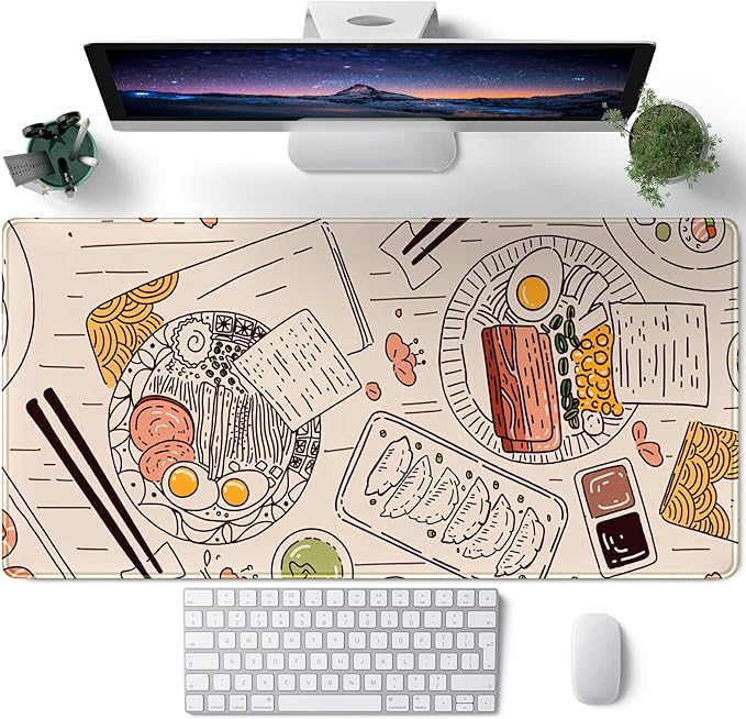Japanese Ramen Sushi Food Desk Mat Beige XL Mouse Pad Large Full Desk Mousepad Gaming Extended Keyboard Mouse Mat Desk Pad for Computer Laptop 31.5''X15.7'' Non-Slip Rubber Base with Stitched Edges