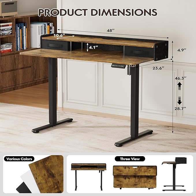 Furmax Electric Standing Desk with Drawers, Stand Up Desk with Storage Shelf Height Adjustable Computer Desk with Organizer for Home Office Ergonomic (Rustic Brown, 48 Inch)