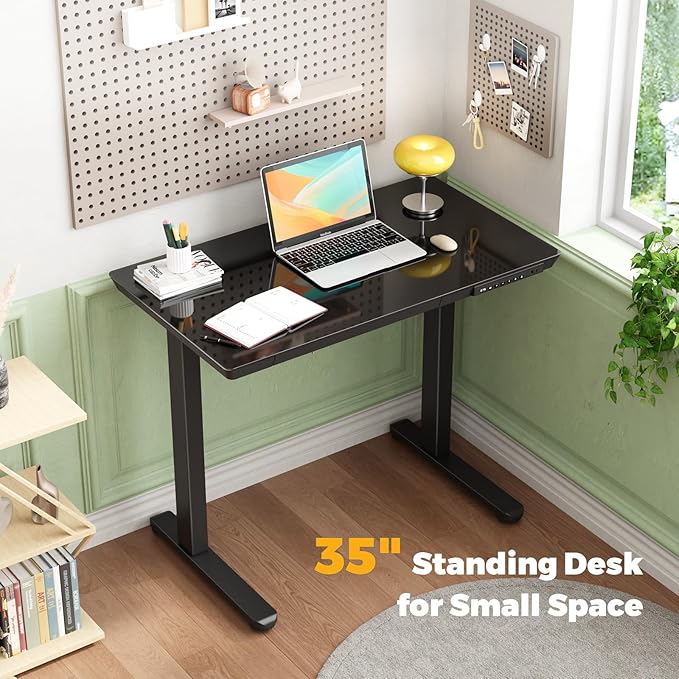 Glass Small Standing Desk with Drawer, 35" x 20" Whole Piece Tabletop Electric Sit Stand Table, Height Adjustable Workstation with Storage & USB Ports, Quick Install Home Office Desk