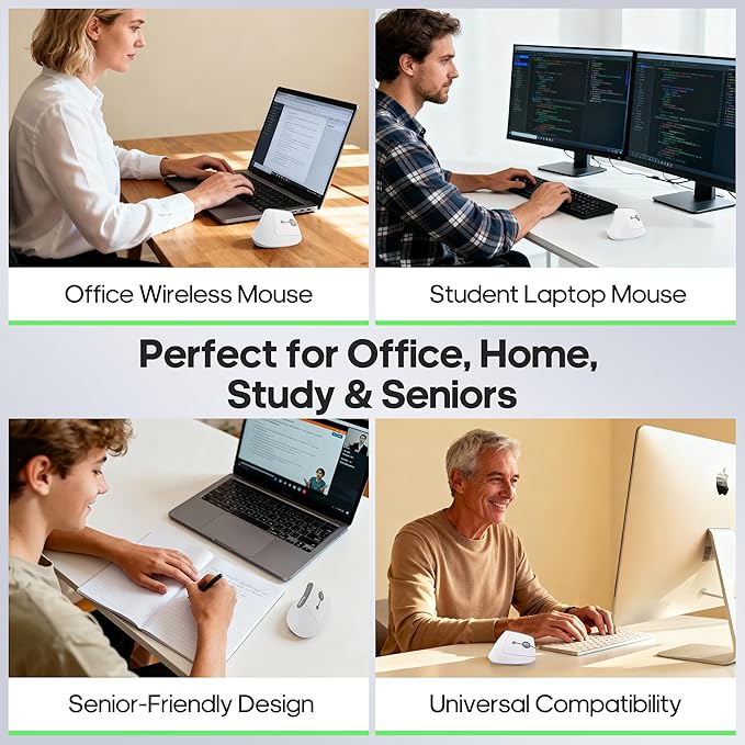 Ergonomic Vertical Mouse,Wireless Bluetooth 5.0 and 2.4G Mouse,Silent Click,60% Reduced Wrist Pressure,3 Adjustable DPI for PC,Mac,Laptop,Computer,Home,Office Use (White)