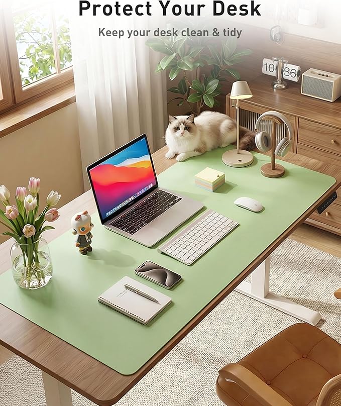 Aothia Faux Leather Desk Mat - Large Mouse Pad, Non-Slip PU Leather Blotter, Waterproof Writing Surface for Office and Home (Foam Green, 42" x 17")