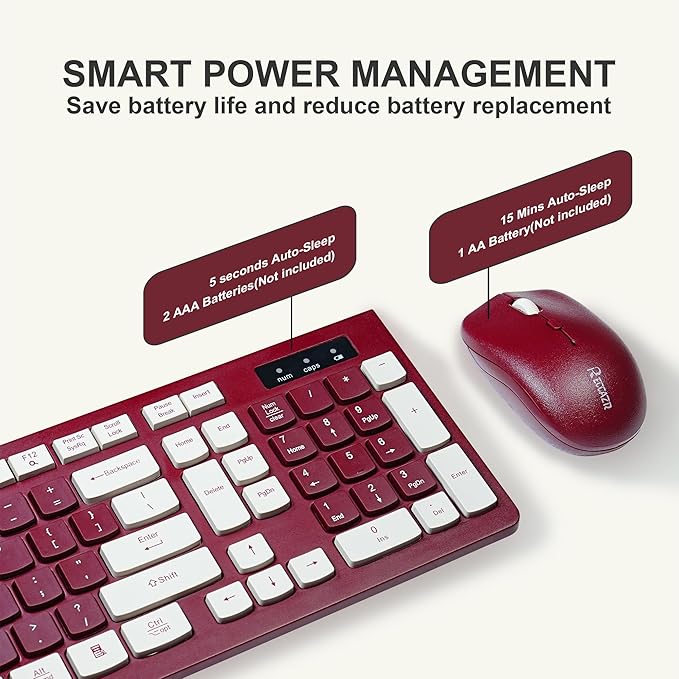 Wireless Keyboard and Mouse Combo, Reccazr 2.4G Full-Sized Keyboard and Mouse Cordless, 3 DPI Adjustable Mouse, Dual-System Keyboard for Computer/Laptop/Windows/Mac (Wine red)