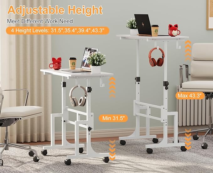 Small Adjustable Height Standing Desk With 2 Hooks, Rolling Sit Stand Up Desk With Wheels, Adjustable Mobile Portable Table For Walking Pad Laptop Treadmill Computer, 4 Height Levels, 2 Hooks