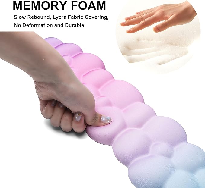 OUEST Cloud Wrist Rest Keyboard and Mouse Pad with Cute Ergonomic Memory Foam Non-Slip PU Base for Computer Mac Laptop Office Gaming-Cyan/Purple/Pink