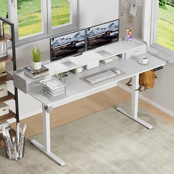 Furmax Electric Standing Desk with Drawers, Stand Up Desk with Storage Shelf Height Adjustable Computer Desk with Organizer for Home Office Ergonomic(White, 63 Inch)