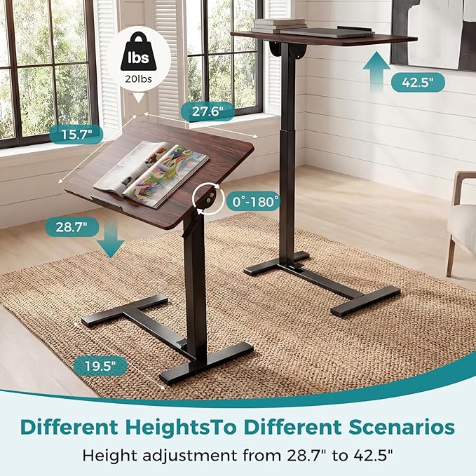 OLIXIS Mobile Standing Desk, Height-Adjustable Computer Cart with Pneumatic Lift, Portable Computer Workstation Cart for Bed, Couch, Office, Sofa, White