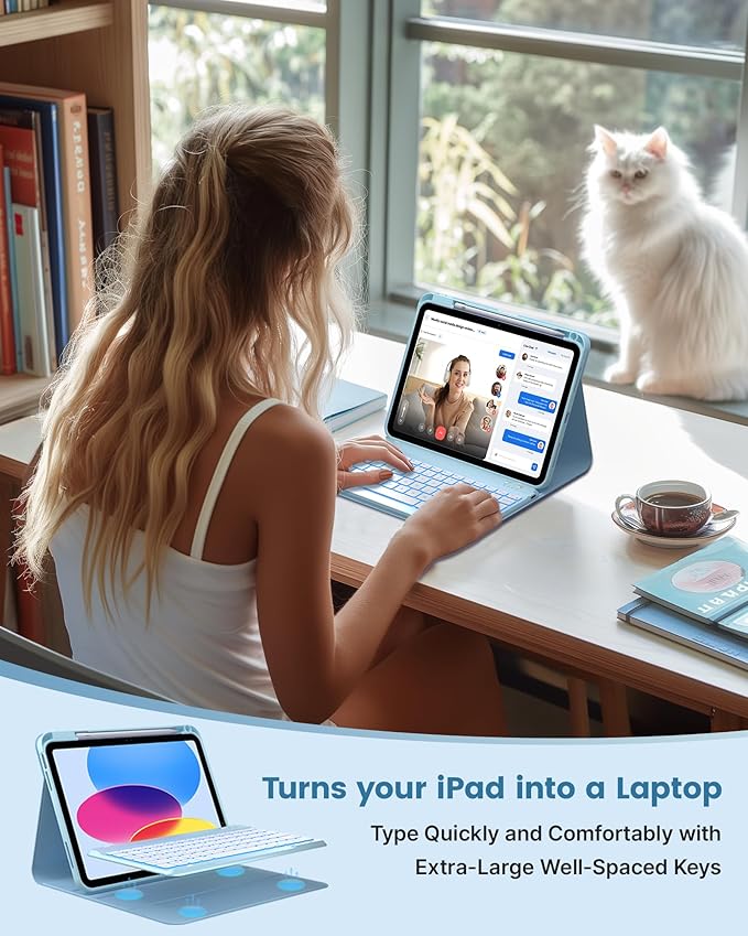 typecase Folio iPad 11th/10th Gen Keyboard Case (11" A16 2025 & 10.9" 2022) – Magnetic Wireless Detachable Keyboard, 7-Color Backlight, Thin & Light, Pencil Holder – Sky Blue