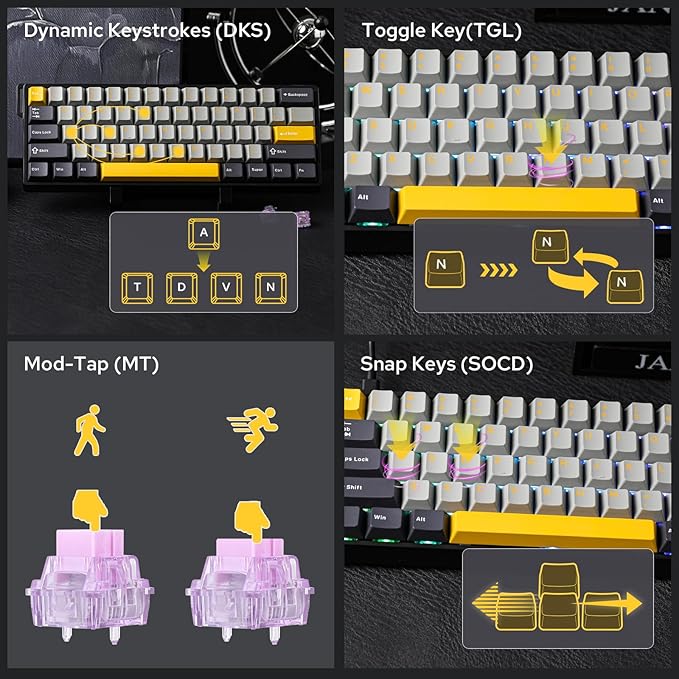 EPOMAKER Aula WIN60 HE 60% Wired Magnetic Keyboard with Adjustable Actuation, 8000 Hz Polling Rate, Hall Effect Switches, Hot-Swap, for FPS Games (Grey&Yellow)