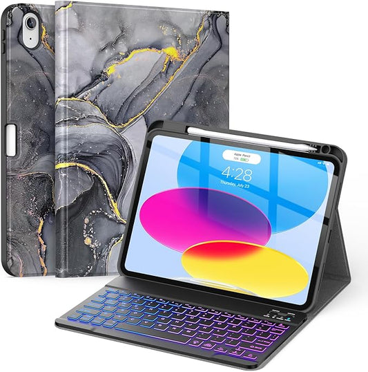 Soke for iPad (A16) 11th/10th Generation Case with Keyboard(2025/2022)-7 Color Backlight Wireless Detachable Folio Keyboard Cover with Built-in Pencil Holder for iPad 11/10.9 inch, Black Marble