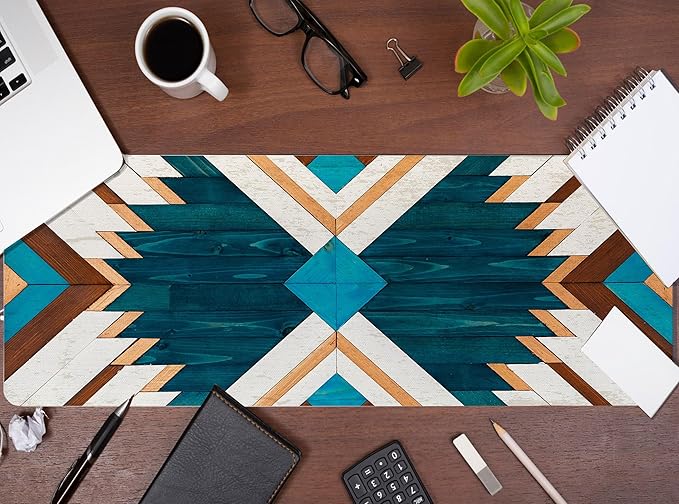 Western Mouse Pad, Western Desk Accessories, Blue Green Aztec Rug Desk Mat Retro Southwest Gaming Large Mouse Pad for Desk Vintage Computer Gifts for Cowboy Cowgirl Western Office Decor 31.5x11.8