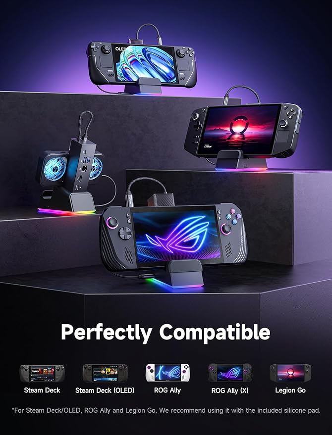 JSAUX Docking Station for ROG Ally X/ROG Ally/Steam Deck/Legion Go, 7-in-1 ROG Ally X Dock with RGB Cooling Fan, HDMI 4K@120Hz, Gigabit Ethernet, Dual USB & USB C 3.0, 100W PD Charging - HB0705