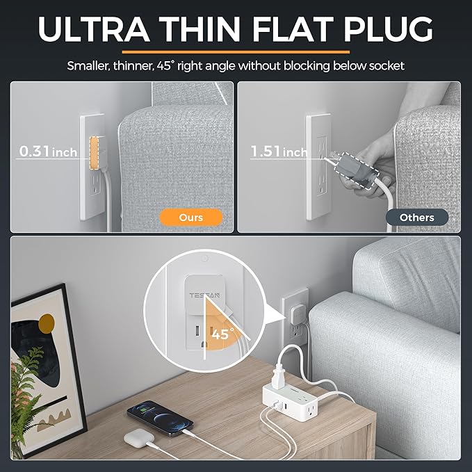 Flat Plug Extension Cord 25 ft, TESSAN Surge Protector Power Strip with 4 AC Outlets 3 USB A Ports, 900 Joules Protection, Multiple Wall Outlet Extender for Home Office Dorm Essentials