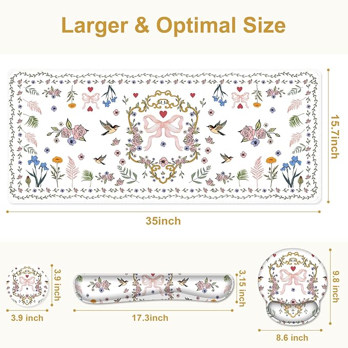 White Florals Mouse Pad, XXL Large Desk Mat Extended Nature Aesthetic Desk pad, 4 PCS Non-Slip Rubber Base Computer Big Mousepads for Work, Game, Office, Home Decor I Weeds Vintage Birds