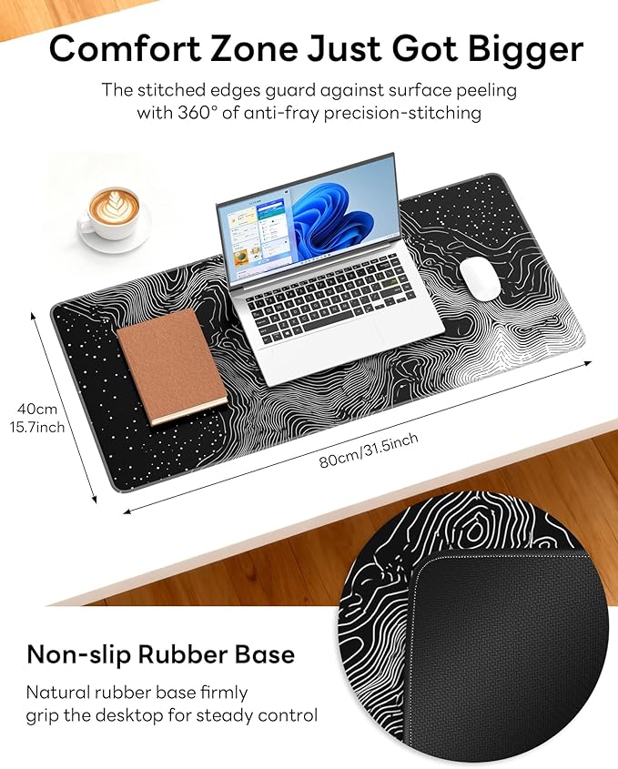 XL Gaming Mouse Pad, 31.5x15.7'' Large Desk Mat with Anti-Slip Rubber Base & Stitched Edges for Gaming, Office, Home, Linear Map