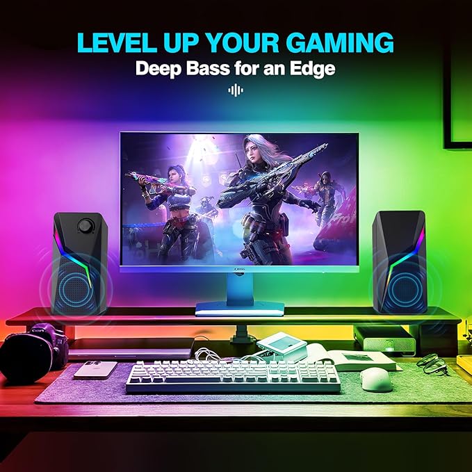 Computer Speakers, PC Speakers for Desktop with 6 Lighting Modes, PC Gaming Accessories, Stereo Sound Desktop Computer Speakers with 2 Bass-Boost Ports, USB Powered 3.5mm AUX Cable