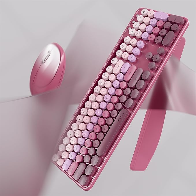UBOTIE Wireless Keyboard and Mouse Combo with Phone Holder and Wrist Rest, Round Colorful Keys, Power Switches, 2.4GHz USB Receiver, Full-Size QWERTY Layout for PC Laptop(Rose-Red Gradient)