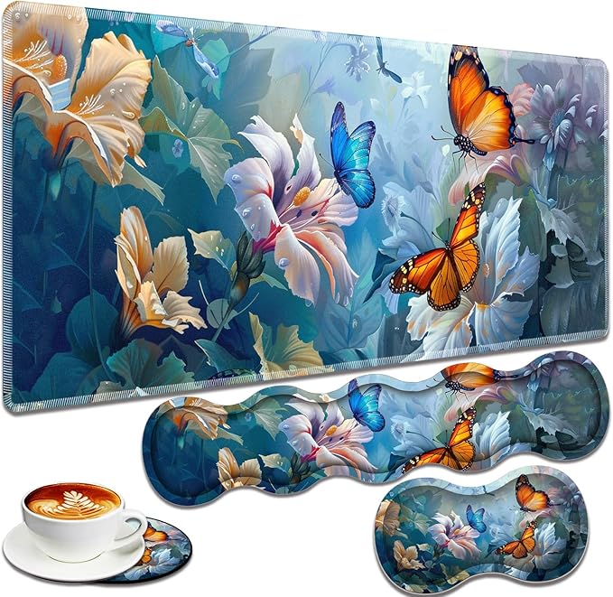 Large Gaming Mouse Pad + Keyboard Wrist Rest + Wrist Support + Coaster Set, Memory Foam Ergonomic for Easy Typing, XXL Extended Gaming Mouse Pad Table Pad - Painting Butterfly
