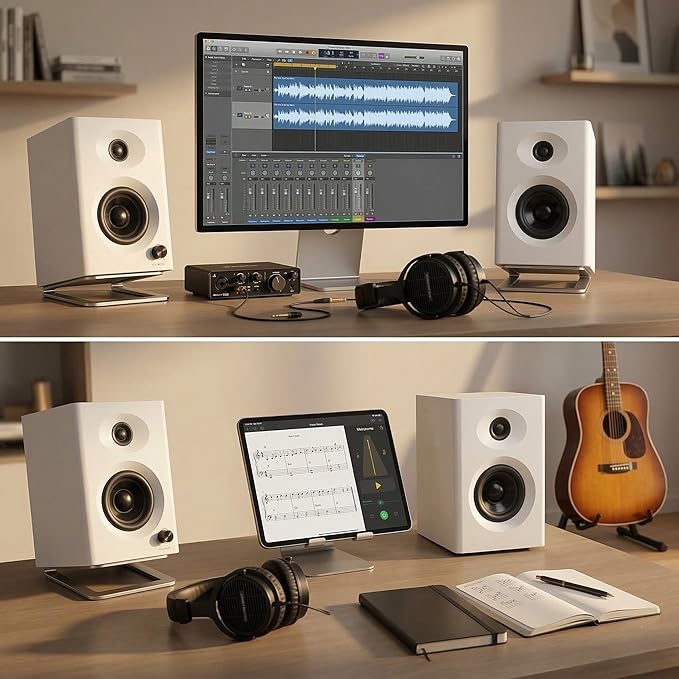 3-Inch Bluetooth 5.3 Computer Speakers for PC, Max 60W RMS Rich Stereo Sound with Good Bass & Clear Highs, Stable Aux/RCA Inputs, for Gaming, Home Office, Studio, White Pair