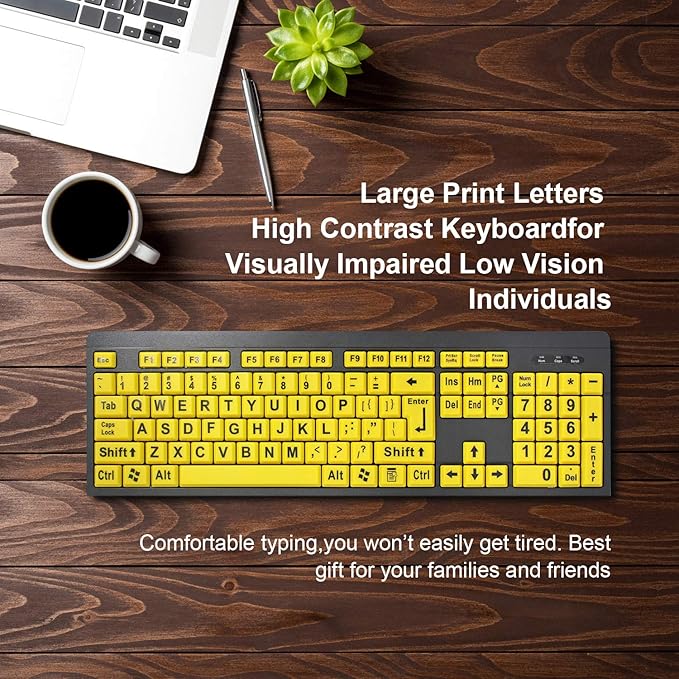 Large Print Computer Keyboard, Wired USB High Contrast Keyboard with Oversized Print Letters for Visually Impaired Low Vision Individuals (Yellow+Black)