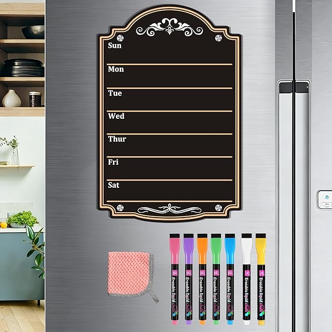 Acrylic Magnetic Dry Erase Board Calendar for Fridge 12" x 8" Black Weekly Planner Whiteboard for Refrigerator Magnet Planning Calendars to Do List Family House Kitchen Decor with 7 Colors Markers