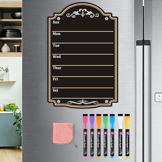 Acrylic Magnetic Dry Erase Board Calendar for Fridge 12" x 8" Black Weekly Planner Whiteboard for Refrigerator Magnet Planning Calendars to Do List Family House Kitchen Decor with 7 Colors Markers