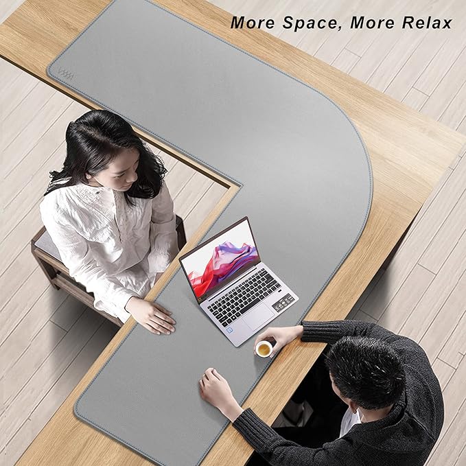 Vyaaa L-Shaped Leather Desk Pad Protector,Large Gaming Mouse Pad,Office and Home Desk Mat, 51 x 51 x 15.7 Inch, Light Gray