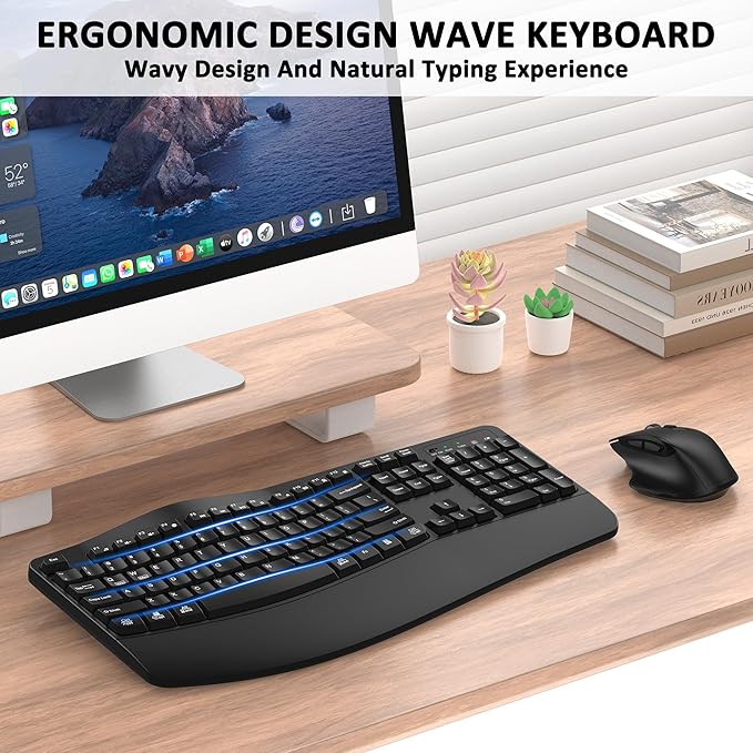 Wireless Keyboard and Mouse Combo, EDJO 2.4G Full-Sized Wave Keys Ergonomic Keyboard and Wireless Optical Mouse, Energy-Saving Wireless Mouse Keyboard for Computer, Mac, Laptop, PC, Windows