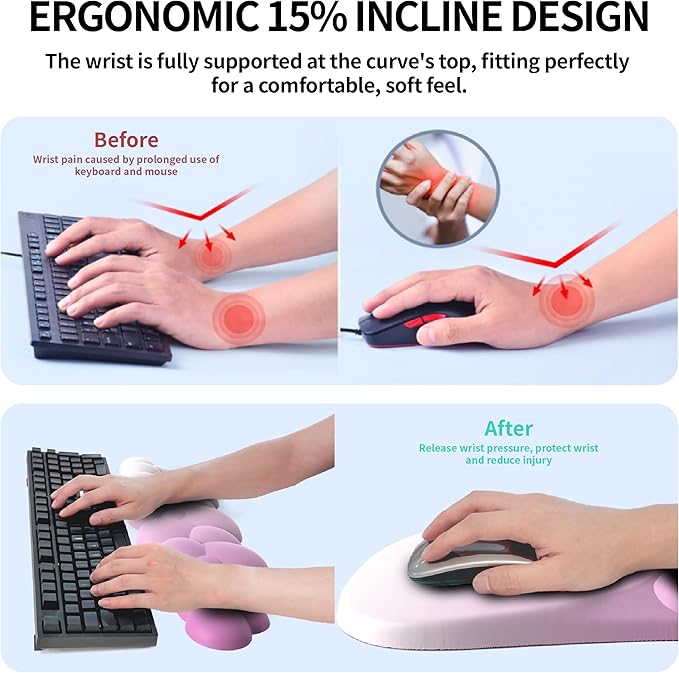 Ergonomic Mouse Pad and Keyboard Rest, 2 in 1 Cloud Wrist Rest + Mouse Pad, Non-Slip for Easy Typing & Wrist Pain Relief - Flower Gradient Pink