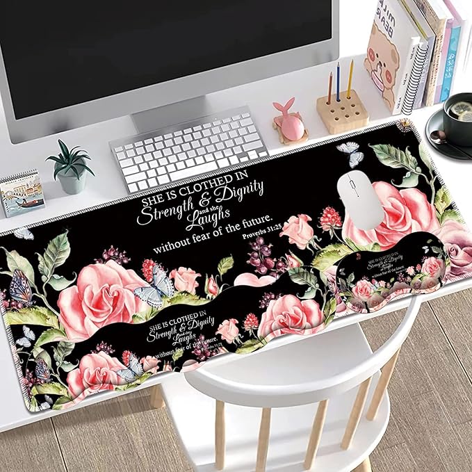 Large Gaming Mouse Pad + Keyboard Wrist Rest + Wrist Support + Coaster Set, Memory Foam Ergonomic for Easy Typing, XXL Extended Gaming Mouse Pad Table Pad - Proverbs 31:25 Flower