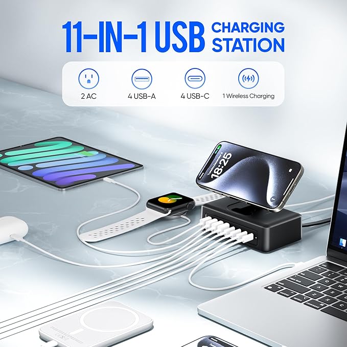 200W USB Charging Station, 11-in-1 USB C Power Strip Surge Protector, 2AC Outlets & 8USB Ports, 5ft Flat Plug Extension Cord with Multiple Devices, Desktop Charger for Home Office Desk Accessories