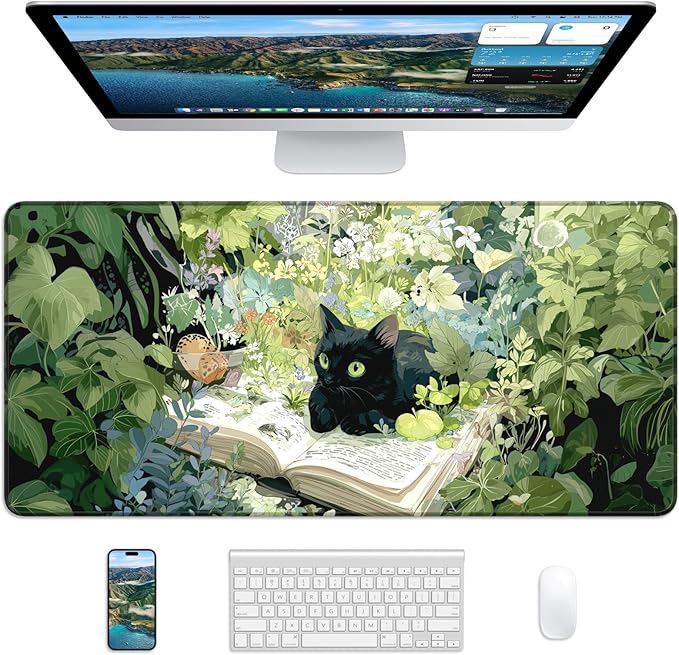 XL Gaming Mouse Pad, 31.5x15.7'' Large Desk Mat with Anti-Slip Rubber Base & Stitched Edges for Gaming, Office, Home, Reading Cat