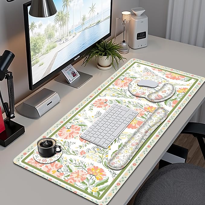 Desk Mat, 4in1 Large Mouse Pad with Wrist Rest, Cute Desk Mat, Anti-Slip XXL Computer Ergonomic Mousepad with Wrist Support for Keyboard and Mouse, Nice Yellow Flowers