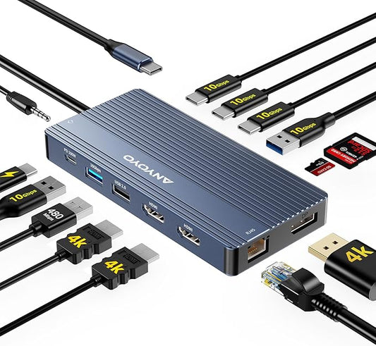 USB C Docking Station Dual Monitor, 14 in 1 Docking Station 3 Monitors with 2 * 4K HDMI, DP, 5*USB-A/C 10Gbps Ports, Ethernet, SD/TF,100W PD, Hub Multiport Adapter for HP/Dell/Lenovo