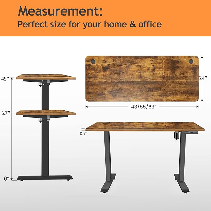 Electric Standing Desk, 48'' X 24'' Adjustable Height Desk, Ergonomic Home Office Computer Workstations, 27''-46'' Lifting Range Stand Up Desk with Wheels and Double Hooks, Easy to Move(Brown)
