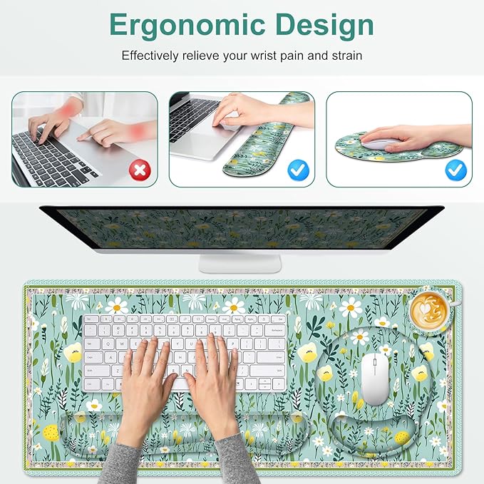 Floral Desk Mat, 4in1 Large Mouse Pad with Wrist Rest, Desk Matt for Desktop, Desk Pad Mat, Anti-Slip XXL Computer Ergonomic Mousepad with Wrist Support for Keyboard and Mouse I Green Elegant Flowers