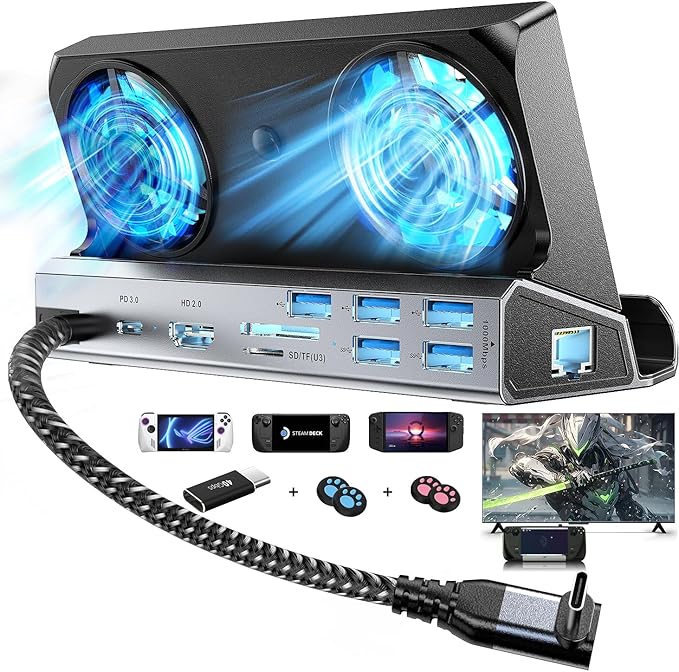 Dual Cooling Fans 13-in-1 Steam Deck Docking Station with 4K@60Hz,5 USB Ports,1000Mbps,SD/TF Slot,Type C 100W PD, 40Gbps Adapter for Steam Deck/Rog Ally/Switch/Legion Go