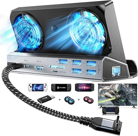 Dual Cooling Fans 13-in-1 Steam Deck Docking Station with 4K@60Hz,5 USB Ports,1000Mbps,SD/TF Slot,Type C 100W PD, 40Gbps Adapter for Steam Deck/Rog Ally/Switch/Legion Go