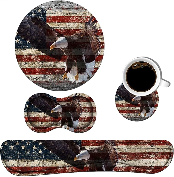 Keyboard Wrist Rest and Mouse Pad Wrist Rest Set with Coasters [4Pcs], Ergonomic Support, Non-Slip Rubber Base for Home OfficeEasy Typing & Pain Relief, Military Wall Graffiti USA Flag Eagle