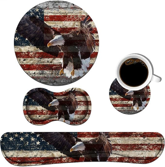 Keyboard Wrist Rest and Mouse Pad Wrist Rest Set with Coasters [4Pcs], Ergonomic Support, Non-Slip Rubber Base for Home OfficeEasy Typing & Pain Relief, Military Wall Graffiti USA Flag Eagle