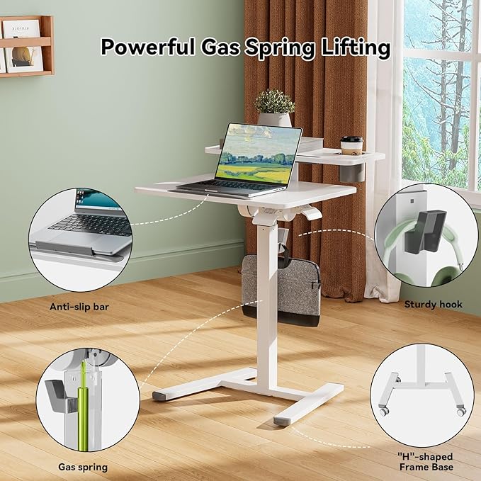 24Inch Rolling Standing Desk On Wheels， Mobile Laptop Stand with Tiltable Desktop， Smaller Computer Workstation Adjustable Height， 2-Tier Portable Study Table with Storage Shelves， White