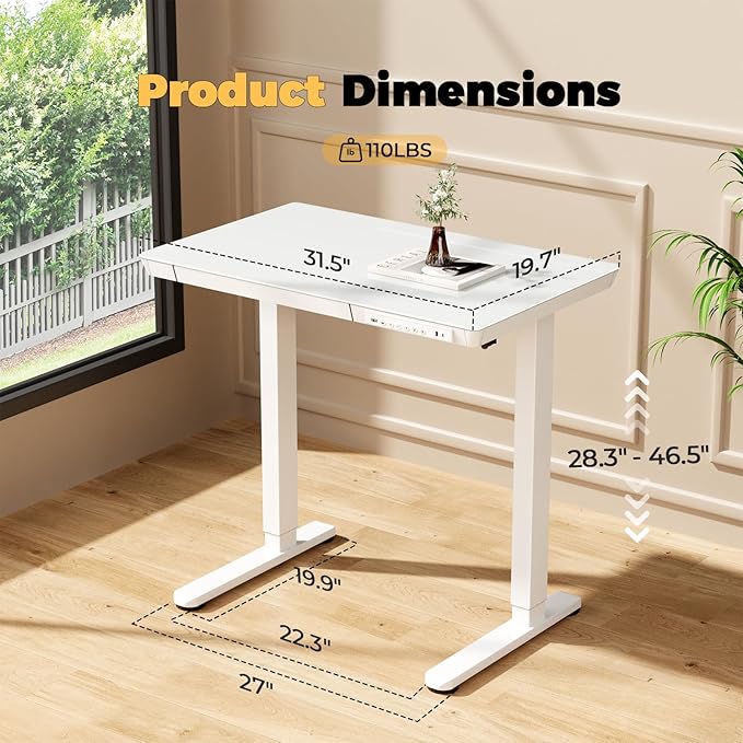 Glass Small Standing Desk with Drawer, 31.5" x 20" Whole Piece Electric Sit Stand Table, Height Adjustable Desk with Storage & USB Ports, Quick Install Home Office Computer Desk, White