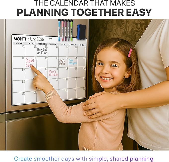 Monthly Magnetic Dry Erase Calendar for Refrigerator – Monday Start Calendar Magnet 17 x 12” | Whiteboard Calendar for Fridge | Include 5 Markers & Eraser - Freedom Mastery