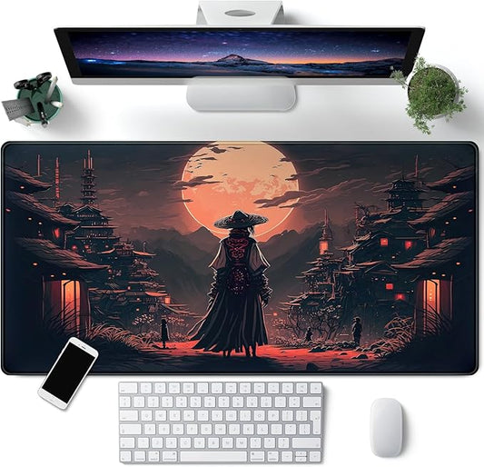 Japanese Landscape Desk Mat Post Moonlight Samurai Mouse Pad Large Dark Aesthetic Desk Pad Gaming Mousepad Extended XXL 31.5 x 15.7 in Laptop Computer Mouse Keyboard Mat