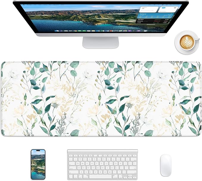 Nature Mouse Pad, 31.5 x 11.8 Large Desk Mat with Stitched Edges & Non-Slip Base, Mousepad for Office, Home, Work, Eucalyptus Leaf