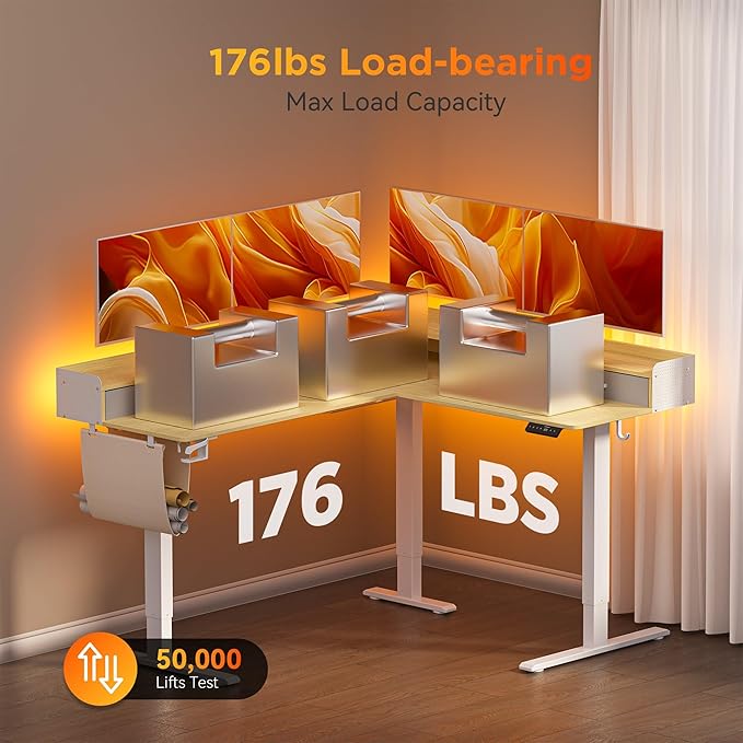 63 Inches Height Adjustable L Shaped Standing Desk with 3 Drawers and Monitor Shelf, Electric Sit to Stand Home Office Comupter Table, Ergonomic Corner Gaming Desk, Oak