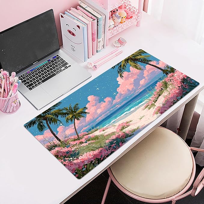 HVEST Pink Floral Beach Mouse Pad, Tropical Ocean Pastel Cloud Desk Mat,Large Mouse Pad for Laptop Computer, Mousepad with Non-Slip Rubber Base and Stitched Edge for Game, Office, Home 31.5'' x 15.7''
