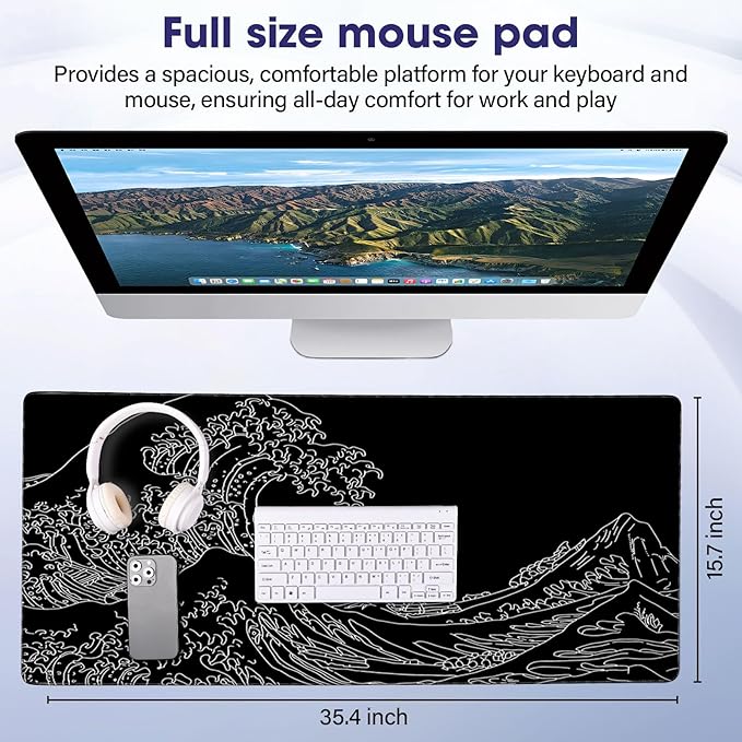 LifetimeWarrantly Japanese Sea Wave Large Gaming Mouse Pad – 35.4" x 15.7" Full Desk Mat, Non-Slip Rubber Base, Stitched Edges, Waterproof, Durable Surface for Esports, Office, Home