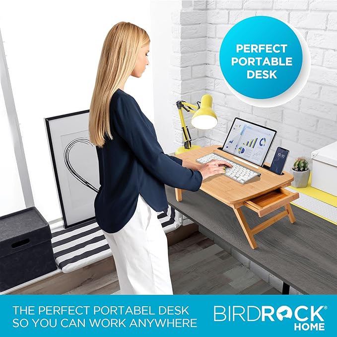 BIRDROCK HOME Bamboo Wood Lap Tray with Foldout Legs, Storage Drawer, Fits Laptops Up to 17", Tablet and Phone Slot, Laptop Table for Sitting or Standing, Work from Home, Workstation - Natural