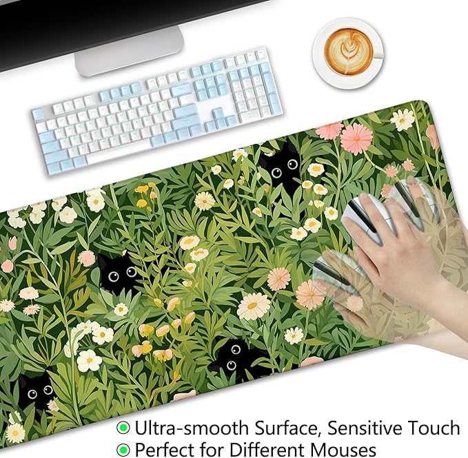 Anime Cat Mouse Pad Green Desk Mat, XL Gaming Mouse Pad with Stitched Edges Non-Slip, Large Keyboard Mat for Desktop Computer Laptop Work Home Cute Office Desk Accessories 31.5x11.8 in